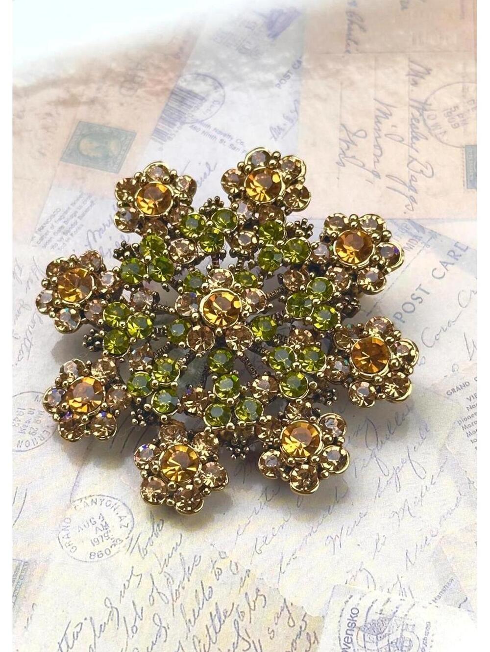 Sparkling Floral Brooch with Yellow and Green Rhinestones